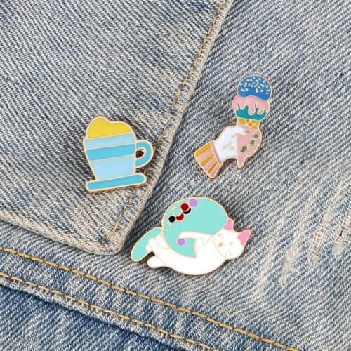 Cute Cartoon Brooches Ice Cream Cat Cup Enamel Pin Funny Lovely Badge Jewelry Custom Metal Lapel Pin Icon Gifts for Kids Friends