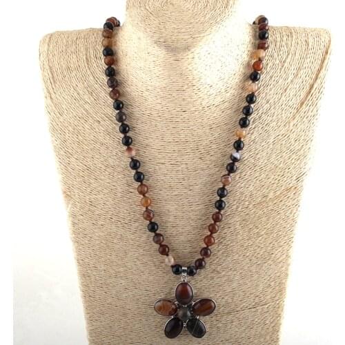 Fashion Bohemian Tribal Jewelry Stripe Natural Stone Long Knotted Stone Flower Pendant Necklaces D