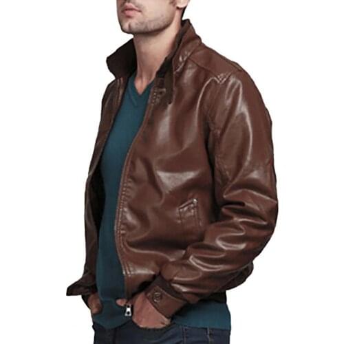 Zipper Closure Stand Collar Men Jacket Faux Leather Solid Color Slim Fit Motorcycle Jacket Outerwear