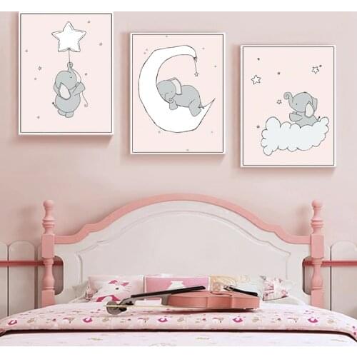 Elephant Moon and Stars Nursery Wall Art Canvas Posters Prints Cartoon Painting Nordic Kids Decoration Picture Bedroom Decor