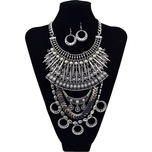 Gypsy Exaggerated Women Jewelry Sets Imitation Pearl Maxi Necklace Earring Set Boho Vintage Tribal Indian Party Jewelry