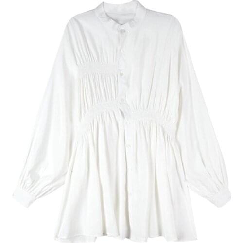 SURUFENG Woman Dress Long Lantern Sleeve Draped Elastic Waist Solid Sweet Loose Dresses Simple Elegant Pleated Womens Streetwear