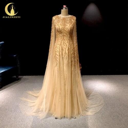 Rhine real Pictures Gold Beads Sequins Cape Champagne Luxurious arabic formal dress evening dresses long