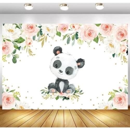 Floral Cartoon Panda Newborn Baby Shower Photography Background White Kid 1st Birthday Girl Photo Backdrops Dinner Table Decor