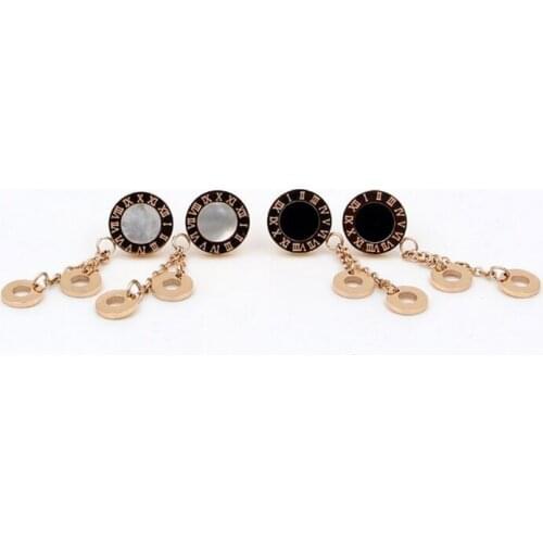 Fashion Brand Roman Numerals Black White Round Tassel Rose Gold Stainless Steel Stud Earrings Mothers Day Gift(GE117)