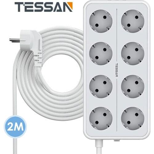 TESSAN Wall Mountable Multiple Socket Power Strip EU Plug with 8 Outlets 3 USB 2M/6.5ft Extension Cord Overload Protector Switch