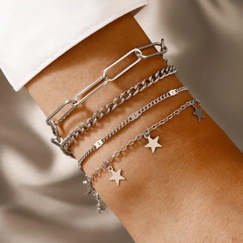 Tocona 4pcs/sets New Trendy Star Bracelets for Women Silver Color Alloy Metal Hollow Out Geometry Adjustable Jewelry 18783