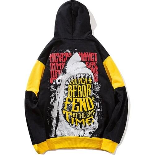 Harajuku Hoodies Men Patchwork Shark Print Hooded Pullover Sweatshirt Men Autumn Streetwear High Street Fashion Hip Hop Hoodie