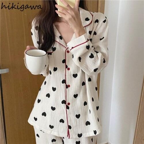 Hikigawa Spring Autumn Cotton Gauze Pajamas Women Long-sleeve Trousers Cardigan Love Heart Pattern Home Service Casual Sleepwear
