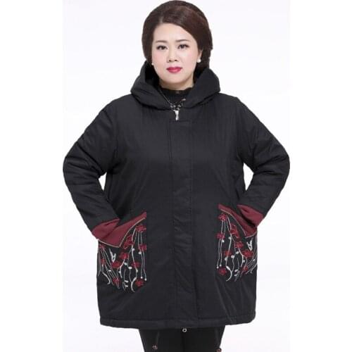Oversize Middle-aged Women Winter Parka Padded Cotton Jacket Hooded Embroidery Thicken Coat Plus Size Loose Warm Outwear KW277