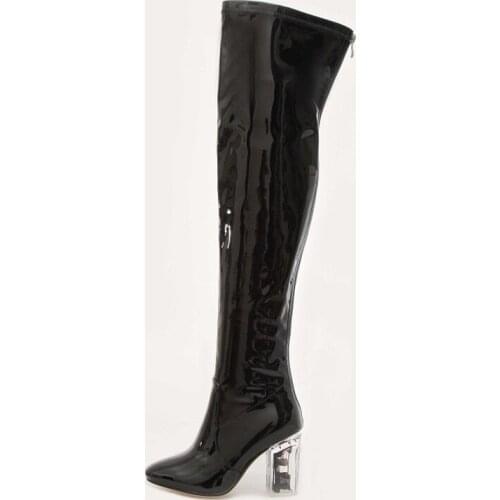 Women Charming Pointed Toe Mirror Patent Leather Knee High Boots Sexy PVC Transparent Heel Boots High Square Heel Shoes 2019