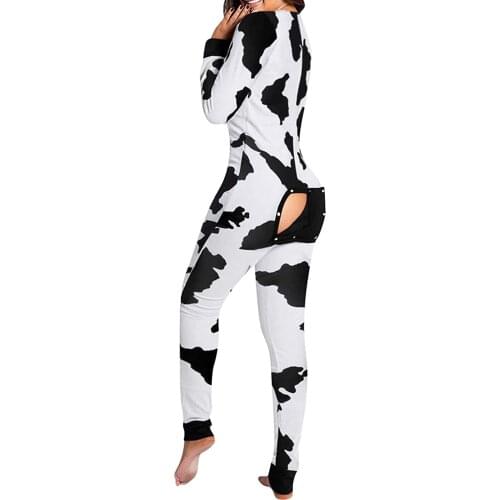 Women Functional Buttoned Flap Jumpsuit Sleepwear, Solid Color / Printed Long Sleeve Homewear Pajamas 2021 New Fashion