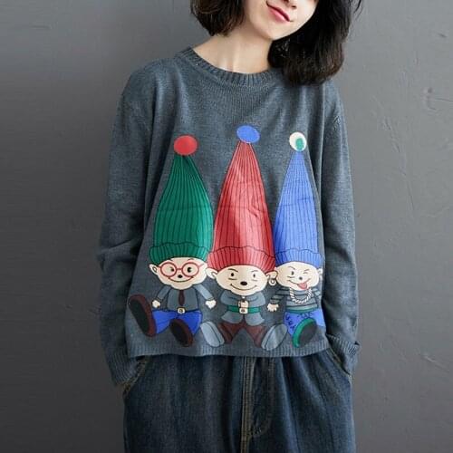Women Autumn Casual Sweater New 2020 Arts Style Vintage Cartoon Pattern Loose Comfortable Female Knitted Pullovers S1700