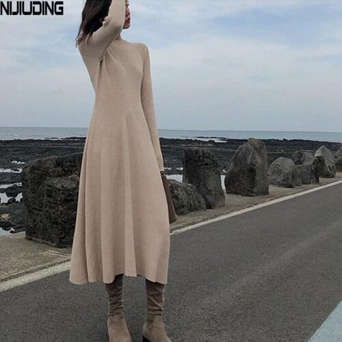 NIJIUDING Womens Long Woolen Knitted Dresses Elastic Overcoat 2020 New Winter Solid Long Sleeve O-Neck Sweater Bottoming Dress