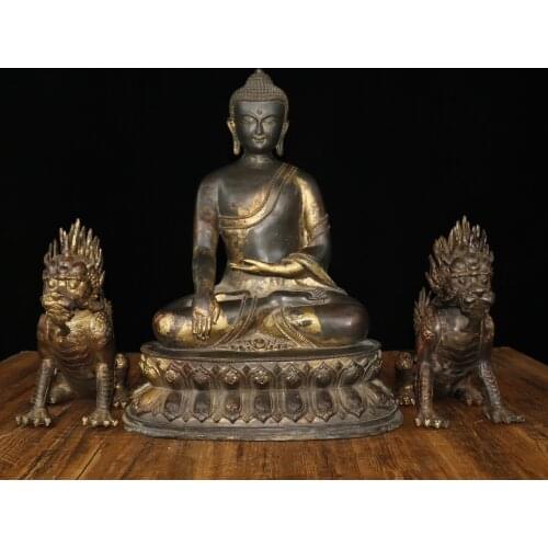 18" Tibet Buddhism Temple Old bronze Shakyamuni Buddha Statue Fire unicorn statue A pair Gatekeeper Kirin Amitabha Buddha Statue