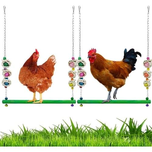 2 Pcs of Large Parrot Pet Chicken Swing Colorful Bead Bell Swing Wooden Green Standing Stick Swing