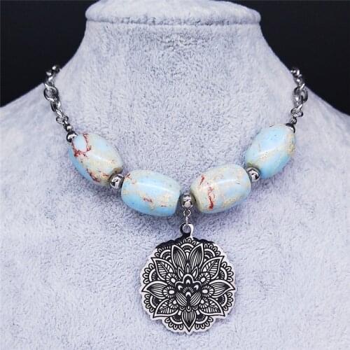 2021 Flower of Life Natural Stone Stainless Steel Choker Necklace Silver Color Big Necklaces Women Jewelry joyas mujer NXS04