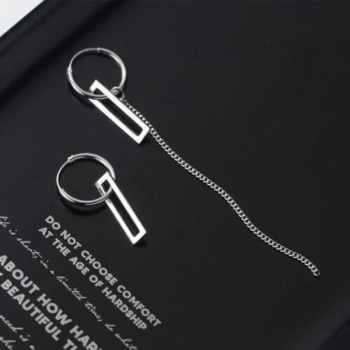 Asymmetric Real. 925 Sterling Silver Open Circle & Rectangle Geometric chain Tassel earrings dangle Piercing ear C-G4957