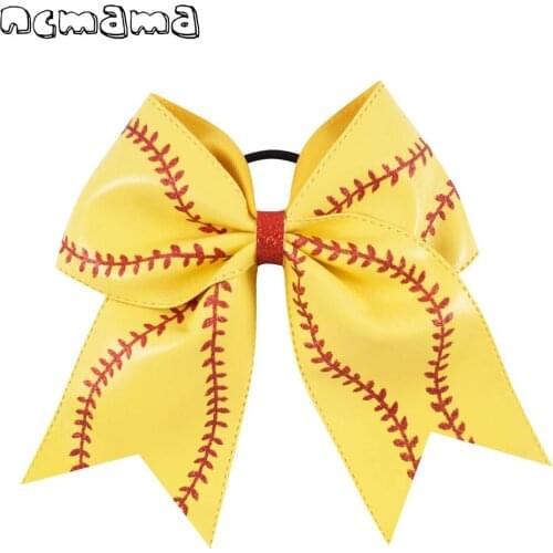 Ncmama Girls Hair Accessories 7" Leather Softball Cheer Bows with Scrunchy Hair Elastic Bands Ponytail Large Hair Bows Ribbons