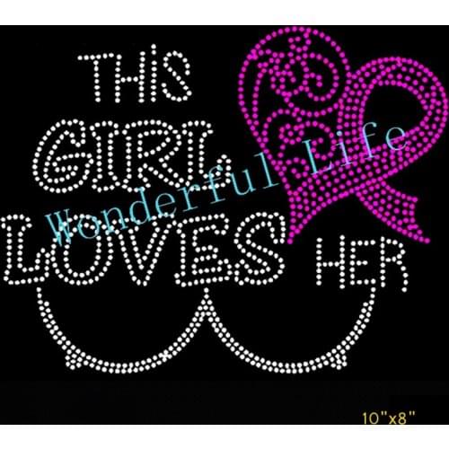 Free shipping hot fix rhinestones motif iron on This girl loves boobies Breast cancer awareness Rhinestone transfer fuchasia