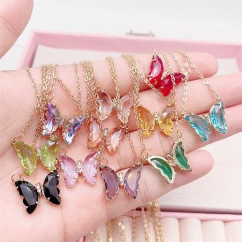 Peixin Kpop Cute Butterfly Pendant Necklace For Womens party cocktail party necklace Ladies Colorful Crystal Butterfly Necklace
