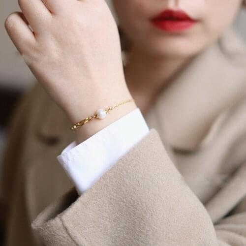 Stainless Steel Gold Chain Bracelet 8mm Freshwater Pearl Round Bead Adjustable Bangle Handmake Jewelry For Women