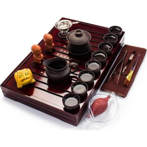 Kung fu tea set the whole kettle set of blue and white porcelain ceramic teapot solid wood tea tray tea ceremony