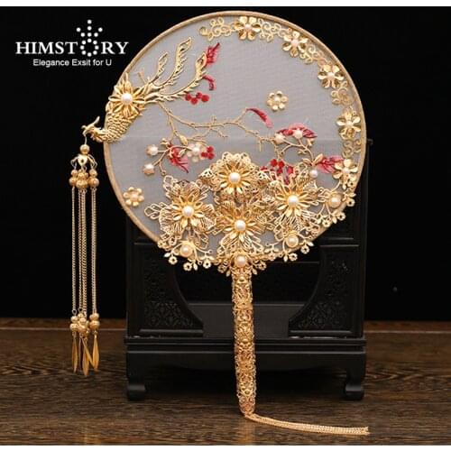 HIMSTORY Luxury Chinese Bridal Fan Bouquet Pearls Gold Phoenix Handmade Wedding Flowers Metal Round Hand Fan Brides Accessories