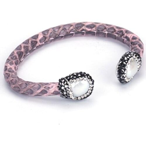 Irragular Natural Freshwater Pearl Rhinestone Charm Jewelry Dusky Rose Pink Real Leather Wrap Open Bracelet Cuff Bangle Women