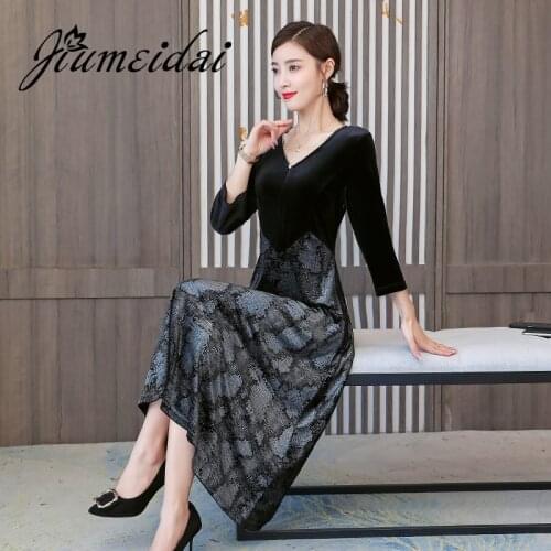 JiuMeiDai 2020 Women Autumn A-Line Velvet Dress Office Lady Elegant V-Neck Long Dresses Female Vintage Party Clothing Plus Size