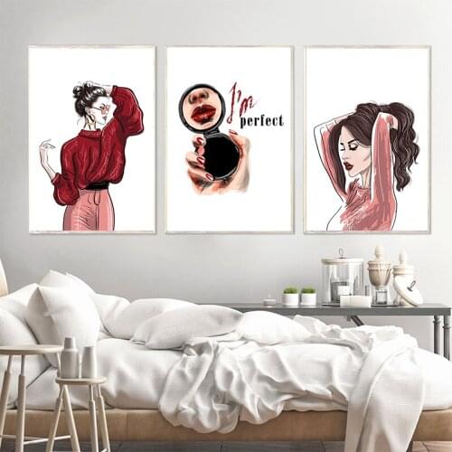 Fashion Red High Makeups Girl Art Print Canvas Painting Nordic Canvas Posters Wall Pictures For Living Room Beauty Shop Decor