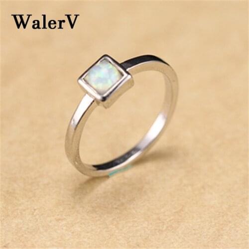 WalerV Black Gold Ring for Women Set Simple Charm Square White Fire Opal Stone Wedding Engagement Jewelry