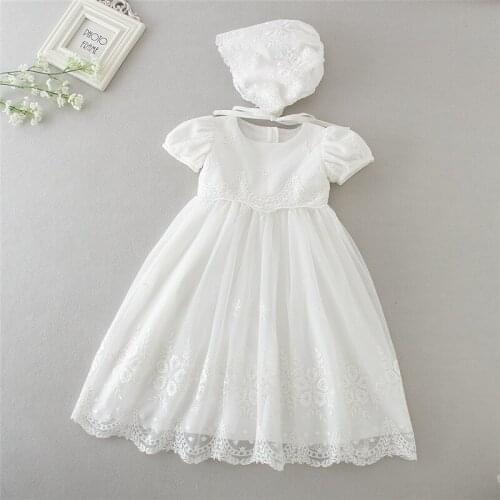 Infant Baby Girls Christening Outfit, Floral Embroidered Baptism Dress Gown with Bonnet 2Pcs Party Dresses Clothes Set 0-24M