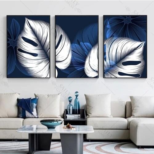 Abstract Blue White Plant Leaf Posters Print Modern Home Decor Picture Wall Art Canvas Painting Nordic Living Room Decor Cuadros