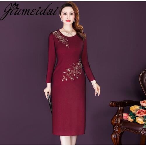 JiuMeiDai Women Autumn Elegant A-Line Dress Office Lady Quality Diamonds Robe Femme Vintage Designer Party Clothing Plus Size