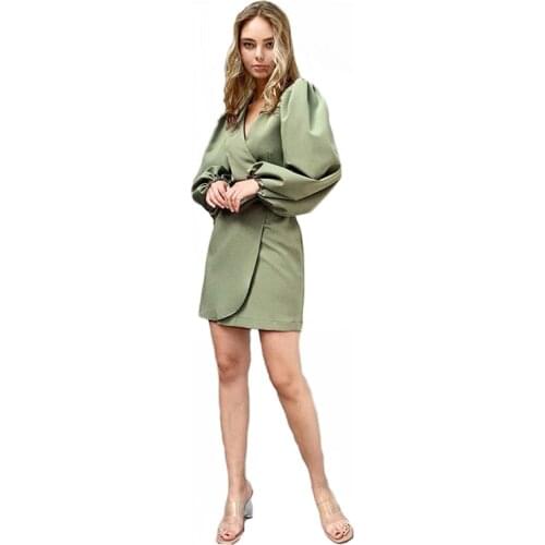 Green Dress Women 2021 New Elegant V-neck High Waist Lantern Sleeves Office Ladies French Style Short Dresses Female LR1220