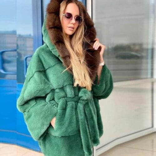 Luxury Women Real Mink Fur Coat Batwing Sleeve Woman High Quality Full Pelt Genuine Mink Fur Jackets with Fox Fur Hood Outwear