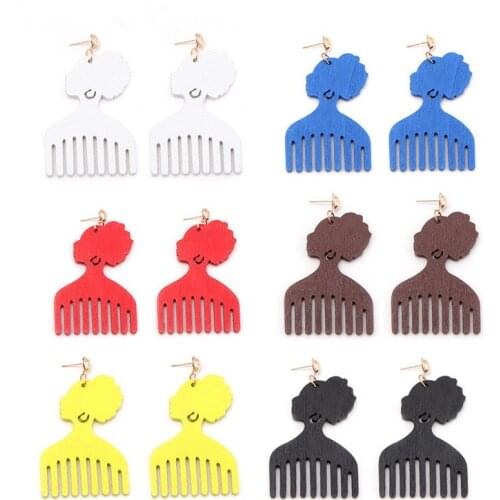 SANSHOOR 6 Colors African Headwrap Comb Wood Drop Earrings Afrocentric Ethnic Bohemian Jewelry For Women Gift Wholesale 6 Pairs