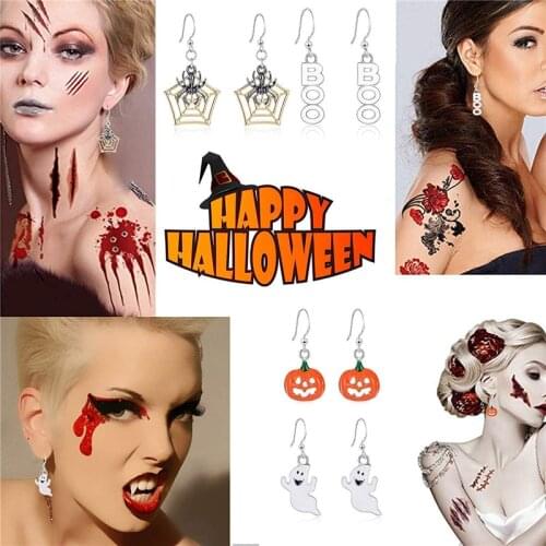 1 Pair New Halloween Ear Post Stud Earrings Orange Black Pumpkin Bat Cobweb Spider Ghost Skull Women Jewelry For Holiday Party
