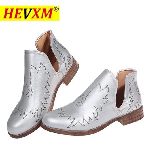 Woman Vintage Low Heels Women Retro PU Leather Ankle Boots 2020 Womens Slip On Ladies Shoes Female Short Boots Plus Size 43