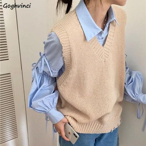 Sleeveless Sweater Vest Women Retro Korean Style Fashion Casual Knitted V-neck Solid Simple All-match Ulzzang Streetwear Jumper
