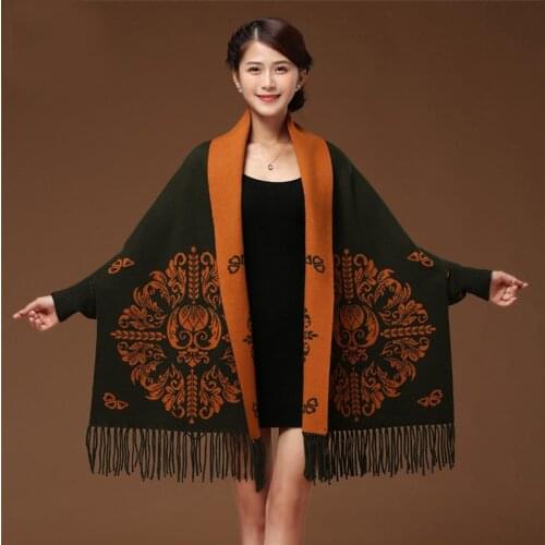 All-Match Ladies Wearable Tassel Poncho Winter Sleeve Scarf Women Cape Shawl Thick Pashmina Shawls Wraps Reversible Poncho Capes