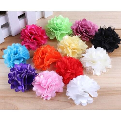 30PCS 2" 12 Colors Mini Tulle Shimmer Satin Fabric Flowers Hair Accessories Handmade Mesh Hair Flower For Girls Headwear