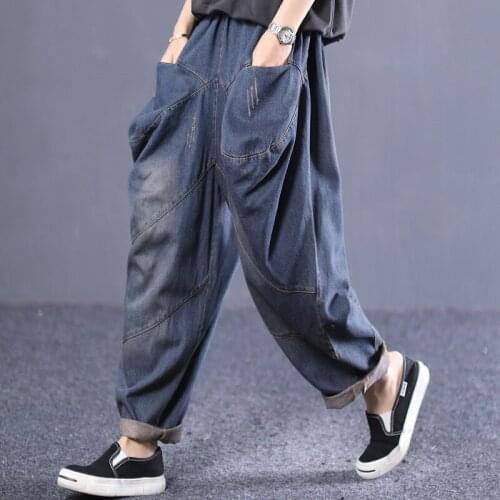 2021 Spring and Autumn New Retro Loose Large Size Artistic Irregular Pocket Slash Harem Jeans