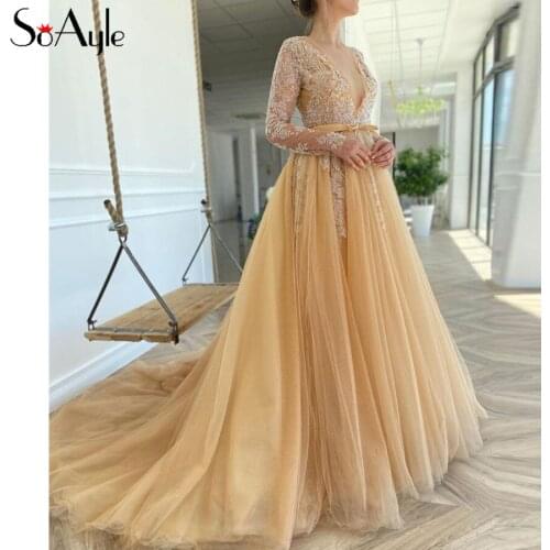 Ball Gown Deep V-Neck Long Sleeves Prom Dresses Beading Tulle Puffy Evening Dress Gorgeous Celebrity Dresses