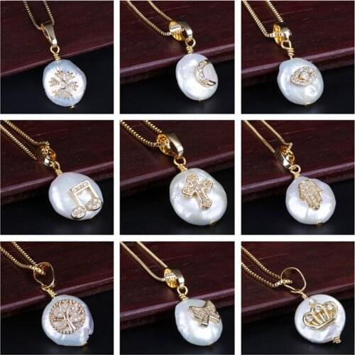 White cz paved multi types patterns charm freshwater pearl beads dainty gold pendant choker necklaces collier for women jewelry