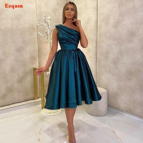Eeqasn New A Line Teal Satin Prom Party Dresses One Shoulder Tea-Length Formal Gowns Short Pleats Homecoming Dress For Junior