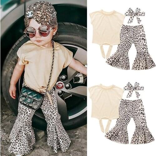 Toddler Kids Baby Girl Cotton Tops Leopard Trousers Headband Outfits 3PCS Set Girls Autumn Clothing