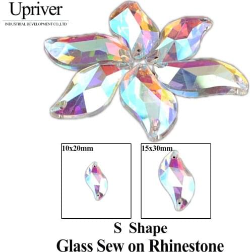 Upriver "S" Shape Crystal Button 2 Holes Crystal AB 10X20mm 15x30mm Silver Base Sewing On Rhinestones