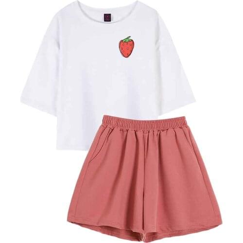 Strawberry Print 2pcs Set Women Summer Sleepwear Women Shorts Ladies Pajamas Set Cotton Pajamas Female Nature Sleepwear Suit